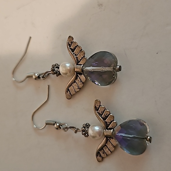 Purple AB Crystal & Faux Pearl on Silvertone Angel Pierced Earrings - Picture 5 of 5